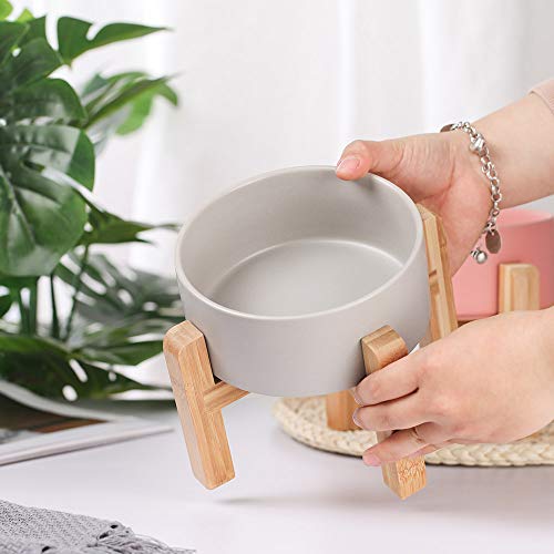 Ceramic Elevated Raised Cat Bowl with Wood Stand No Spill Pet Food Water Feeder Cats Small Dogs - color: Grey, size: Medium Dog Bowls 850ML*1