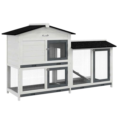PawHut 62" Rabbit Hutch with Run Area for Rabbits, Chickens, White | Wooden Bunny Hutch, Guinea Pig Cage, Small Animal Enclosure, Removable Tray, Asphalt Roof, Lockable Doors, Ramp for Ducks - color: White