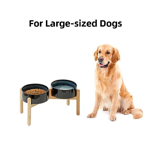 Havniva Elevated Dog Bowls Ceramic Dog Bowls with Stand, Dog Food Bowl | 8.3” Raised Dog Bowls with Non-Slip Wood Stand, Dog Food and Water Bowl Set, Double Dog Feeding Bowls for Large Dogs - color: 2 Bowls+Stand - Starry Sky, size: 8.3inch