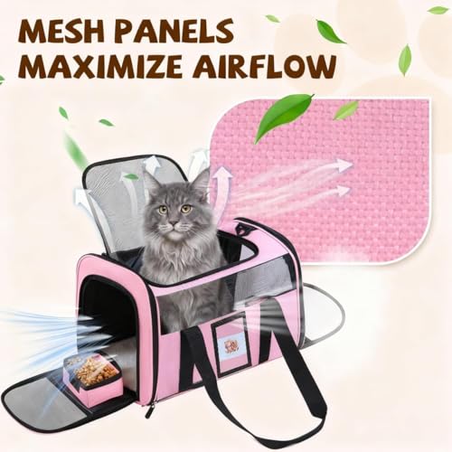 Large Soft Cat Carrier with Detachable Food Bowl,Pet Bag (Up to 28 lbs) | Puppy Kennel with Lockable Zippers for Small Dog, Kitten,Medium Travel Carrying Case for Car Airline Transport,Pink - color: Pink, size: 20"L x 13"W x 13"H