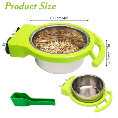 BNOSDM Hanging Stainless Steel Bird Bowls 4 PCS Bird Feeding Dish Cups with Perch Stand Birds Food Container Food and Water Bowls with Spoon for Budgie Cockatoo Finch Lovebirds Pigeons (Green) - color: 4 Pcs Green