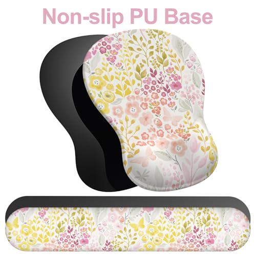 Ergonomic Mouse Pad with Wrist Rest and Keyboard Wrist Rest, Gel Mousepad and Wrist Rest for Computer Keyboard, Pain Relief, Non-Slip PU Base, Mouse Pad Wrist Support for Gaming, Pink Yellow Flowers - color: Floral Brust