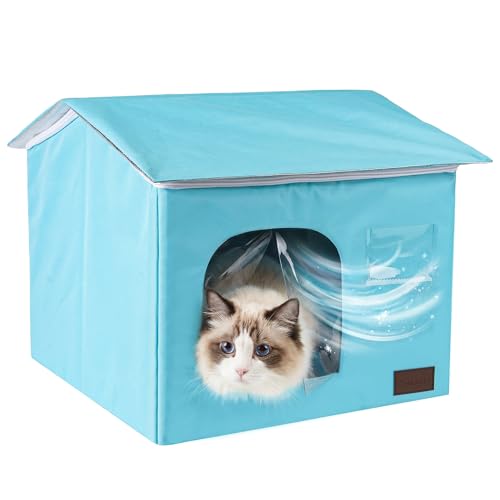 PatiencET Cat Cooling House for 1 Cat, Indoor Cooling Cat House for Summer, Blue Cat Hideaway Bed with Side Ice Packs, Insulated Foil Lining - size: Medium