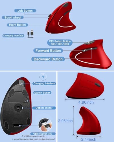 Ergonomic Mouse, Vertical Wireless Mouse 2.4G Rechargeable Optical Vertical Mouse High Precision Optical Mouse Adjustable800/1200/1600 DPI 6 Buttons, for Laptop etc, Red,Specially for Right-handers - color: Red - Right hand - rechargeable
