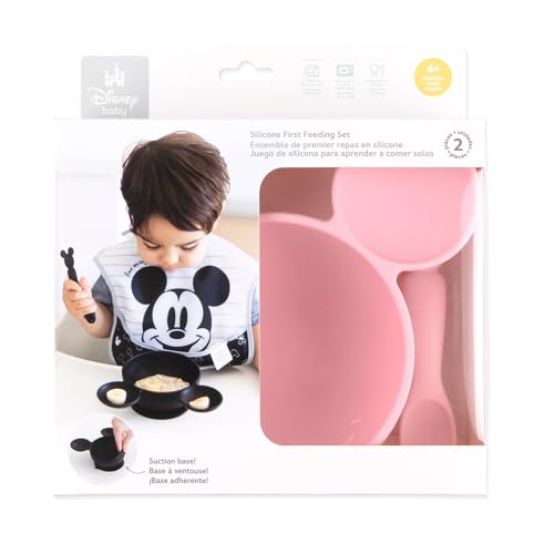 Bumkins Disney Baby Bowl, Silicone Feeding Set with Suction for Baby and Toddler, Includes Spoon and Lid, Essentials for Baby Led Weaning,for Babies 4 Months, Minnie Mouse Light Pink - color: C6 Minnie Mouse LPnk, style: Disney