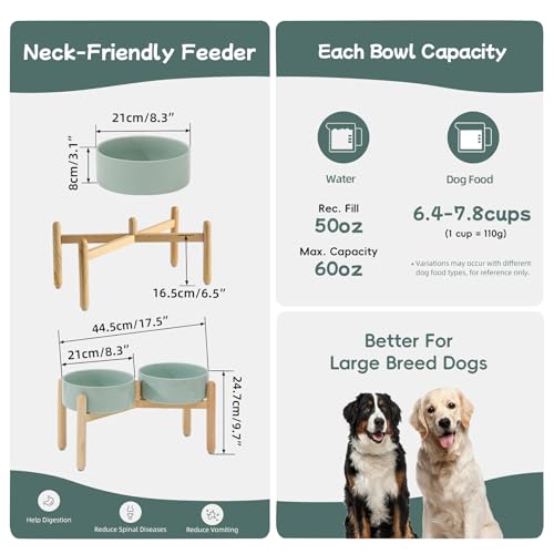 Havniva Elevated Dog Bowls Ceramic Dog Bowls with Stand, Dog Food Bowl | 8.3” Raised Dog Bowls with Non-Slip Wood Stand, Dog Food and Water Bowl Set, Double Dog Feeding Bowls for Large Dogs - color: 2 Bowls+Stand - Light Green, size: 8.3inch
