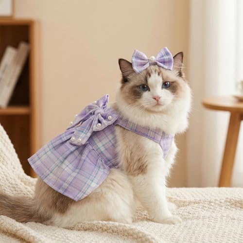Cute Plaid Dog Dress Clothes for Small Dogs Cats Girl Purple Plaid Dog Dress with Pearls Bow Tie Harness Leash for Spring Summer Birthday Puppy Bunny Rabbit Yorkies Chihuahua Outfits - size: M