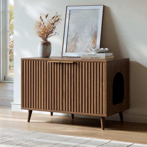 Evermagin 31.5" Cat Litter Box Enclosure Furniture with Legs | Walnut Hidden Litter Box Cabinet, Modern Indoor Cat House, Fluted Kitty End Table for Living Room, Bedroom, Entryway - color: NA Walnut