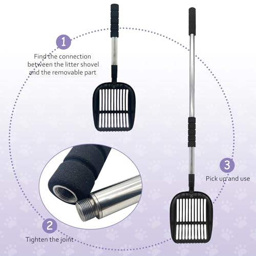 PINVNBY Cat Litter Scooper, Long Handle Litter Sifter Scoop with Litter Scoop Holder Stainless Steel Kitten Scooper Deep Kitty Litter Scooper with Box Metal Detachable Sifting Litter Shovel Set - color: Black
