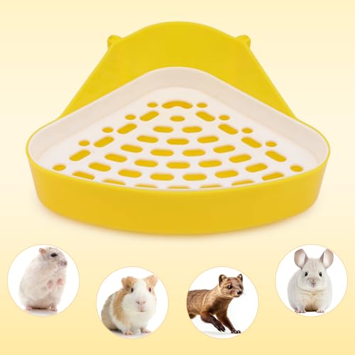 Hypeety Rabbit Litter Box Corner Potty Tray Toilet for Guinea Pig Ferret | Durable, easy-clean plastic, corne design, for rabbit/guinea pig/chinchilla/small pet, include grid to separate waste, yellow - color: Yellow