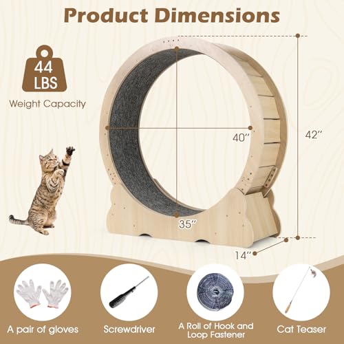 Tangkula Cat Wheel for Indoor Cats, 40 Inch Large Cat Exercise Wheel with Lockable Mechanism, Carpeted Runaway, Wooden Ultra Low Noise Running Treadmill with a Teaser Toy for Kitty Fitness
