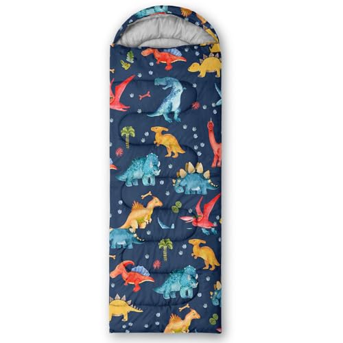 QOOMO Camping Sleeping Bags,3 Season Warm & Cool Weather,Lightweight,Waterproof Sleeping Bags for Adults & Kids,Traveling,and Outdoors,Camping Gear Equipment - color: navy blue dinosaur