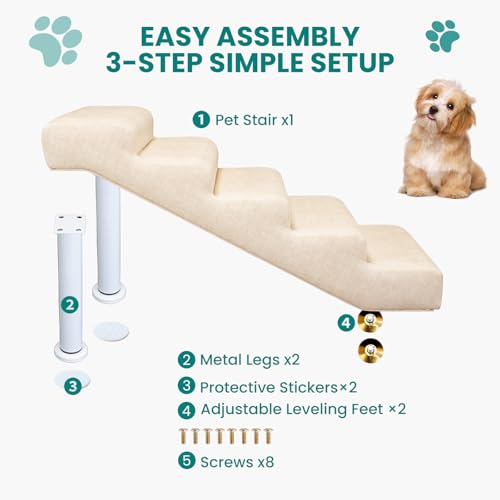 Dog Stairs for High Bed & Couch, Adjustable 5 Step Pet Steps | 19.7" Wide, For Small, Medium & Large Dogs, Non-slip Linen Faux Leather, Holds up to 150 lbs, Adjustable Height 18.5"–21.7"