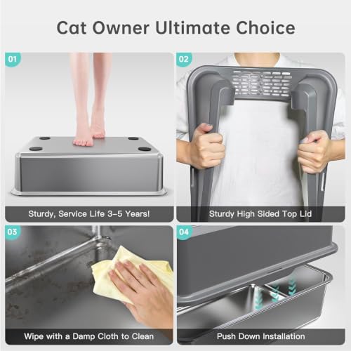 Stainless Steel Litter Box, Open Top High Sided Cat Litter Box for Big Cat | XL, 1 Scoop, Anti-Urine Leakage, Non-Stick Odor-Free, Easy Clean, High Sides Block Spray, Reduce Litter Tracking, Durable - color: 25-Mid Grey