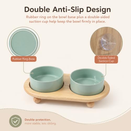 Havniva Raised Cat Bowl 5.1” Elevated Ceramic Cat Food and Water Bowl Set | Cat Bowls Elevated, Whisker Friendly Cat Bowl, Non-Slip Wood Stand, Food-Grade Ceramic, Wide Opening, Dishwasher Safe - color: 2 x Bowl + Stand - Light Green, size: 5.1inch