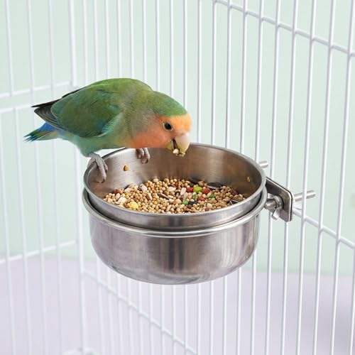 3 Pcs Stainless Steel Bird Feeding Cups with Clamp Holder - Birdcage Food Water Dish Bowls for Cockatiel Parakeet Macaw Finches Lovebirds Small Animals