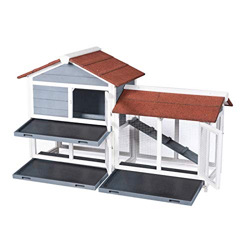 GDLF 62" Rabbit Hutch, Bunny Hutch Indoor Outdoor with Ramp, Cleaning Tray | 62"L x 21"W x 37"H, 2-Level Wooden Design with Stairs, Removable Cleaning Tray, Spacious Area for Rabbits & Small Animals