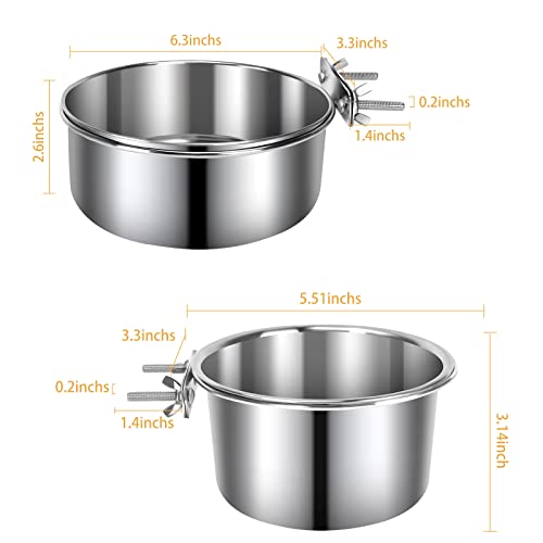 2 Pcs Medium Pet Dog Food Water Bowl for Cage Stainless Steel Non-Spill Kennel Hanging Cats Pets Bowls with Clamp Holder Crate Feeder Dish for Medium Dogs Pets (5.5x3.1'' & 6.3x2.6'') - color: Silver, size: M (45 & 41 OZ)