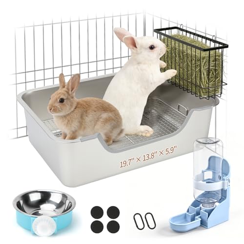 BWOGUE Extra Large Stainless Steel Rabbit Litter Box, Bunny Litter Box Kit | Large Rabbit Litter Box, High Sides Help Reduce Mess, Raised Grid, Hay Feeder & Waterer Kit, Easy to Clean, Rabbits - size: L:19.7in ×13.8in × 5.9inches
