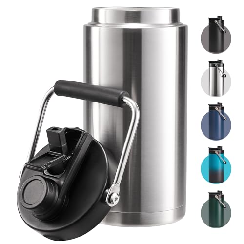Fijinhom Half Gallon Insulated Water Bottle for Travel: 2-in-1 Straw and Spout Lid, Keep Cold 24Hrs, Leakproof, 64oz Water Jug With Handle, Vacuum Stainless Steel for Sports, Hiking, Trip(Stainless) - color: Stainless, size: 64 Ounces