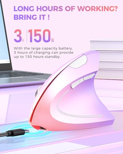 Lekvey Ergonomic Mouse, Vertical Wireless Mouse, Rechargeable, Pink Purple | Long Battery Life, USB-C Charging, Quiet Click, Carpal Tunnel Support, 2.4G Wireless, 3DPI 800/1200/1600, for Laptop, Mac, PC - color: Pink to Purple