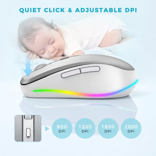PEIOUS Wireless Mouse Jiggler, LED Mouse with Built-in Mouse Mover, Silver | Rechargeable LED Mouse, Silent Clicks, Adjustable DPI and Random Movement Keep Computers Awake for Laptop/PC/Mac - color: Silver
