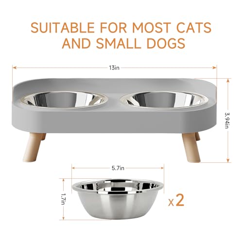 Elevated Cat Bowl, Raised Cat Food and Water Bowl Set for Indoor Cats, Splash Proof with 2 Stainless Steel Pet Food Bowls for Cats and Puppies, Whisker Fatigue and Dishwasher Safe - Grey - color: Cat Bowls-Grey
