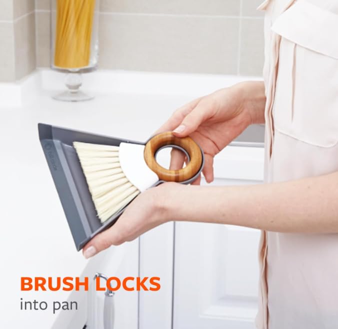 Full Circle Tiny Team Mini Compact Brush & Dustpan Set, Portable Handheld Broom for Quick Cleanups, Ideal for Home, Bathroom, Kitchen Countertops. Bamboo Hand Broom & Small Crumb Sweeper, White - color: White