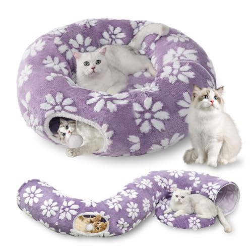 Cute Round Cat Tunnel for Indoor Cats, Purple | Peekaboo Cat Cave with Dangling Balls, Pet Donut Tunnel Bed with Circle Mat for Puppy Kitten Rabbit - color: Purple Flower, size: Round