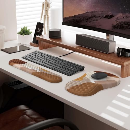 HAOCOO 3-Pcs Ergonomic Desk Pad Set with Wrist Support, Coffee Boho | Memory Foam Keyboard Pad, Smooth Computer Pad Surface, Textured Wrist Cushion, PU Anti-Slip Base, Matching Coaster Included - color: Boho Brown Coffee Tan