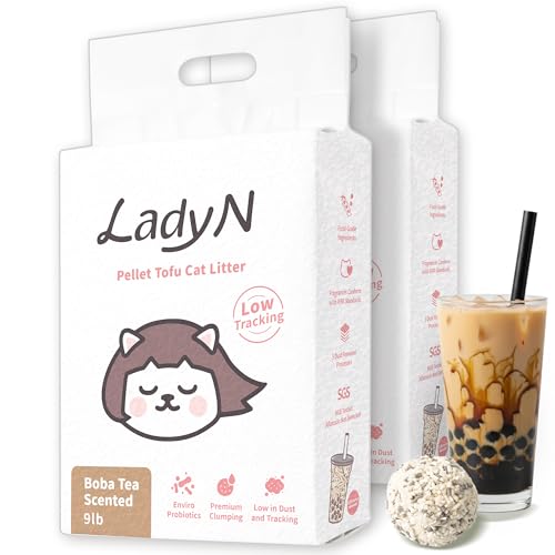 Lady N Pellet Tofu Cat Litter, Boba Tea, Strong Clumping, Low Tracking 18lb | Ultra Absorbent, Dust-Free, Water-Soluble, Natural Ingredients, Enviro-Probiotic Odor Control - size: 9lb x 2bags