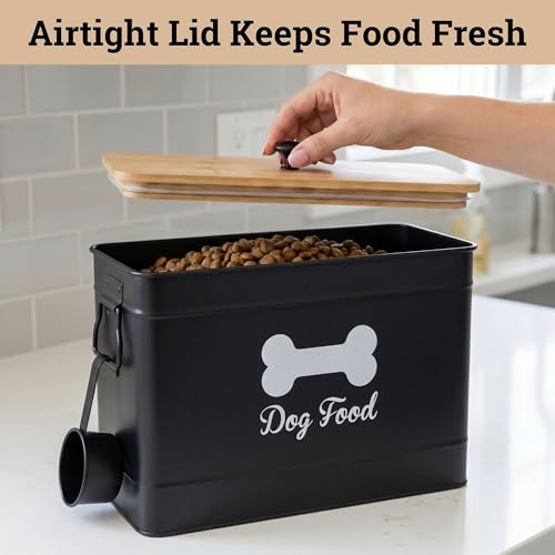 Metal Dog Food Container 15-20 lbs w/ Airtight Bamboo Lid, 70 Cup Capacity | Pet Jar For Dogs up to 100lbs, Airtight Bamboo Lid, Sturdy Comfortable Metal Handle, Powder Coated Iron, Kibble Storage Bin - color: Black