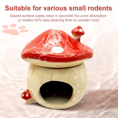 Mushroom Ceramic Hamster Hideout, Water Bottle with Stand, Food Bowl, Hamster Accessories (red) - color: red