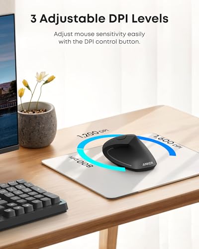 Anker 2.4G Wireless Ergonomic Mouse, Right Hand Vertical Mouse USB Receiver | Multi-Device Connectivity, 800/1200/1600 DPI, Wireless Mouse for Laptop, Desktop, PC, 5 Buttons, Black (Batteries Required)