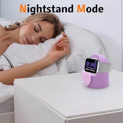 Cute Lovely 3D Love Heart Charger Stand Compatible with Apple Watch Series 10/9/8/SE2/SE/Ultra2/Ultra/7/6/5/4/3/2/1, Silicone iWatch Charging Dock Supports Nightstand Mode - color: Watch-Purple-Love