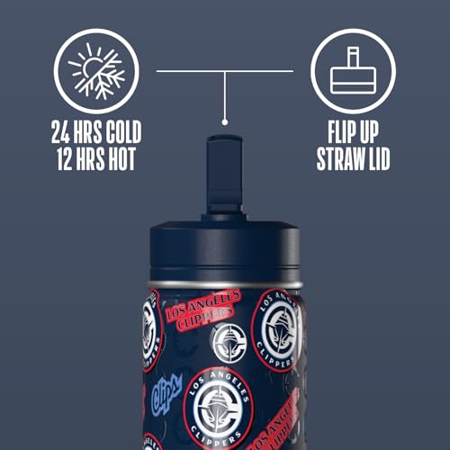 Hydrapeak NBA Officially Licensed Los Angeles Clippers Mini 14oz Kids Stainless Steel Water Bottle with Straw Lid & Flexible Handle, Double Wall Insulated, Spill Proof, Perfect for Back to School - color: Los Angeles Clippers