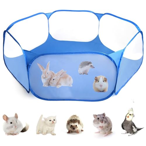 Small Animals Tent, Breathable Transparent Pet Playpen Pop Open Outdoor/Indoor Exercise Fence, Portable Yard Fence for Guinea Pig, Rabbit, Hamster, Chinchillas and Hedgehogs - color: Blue