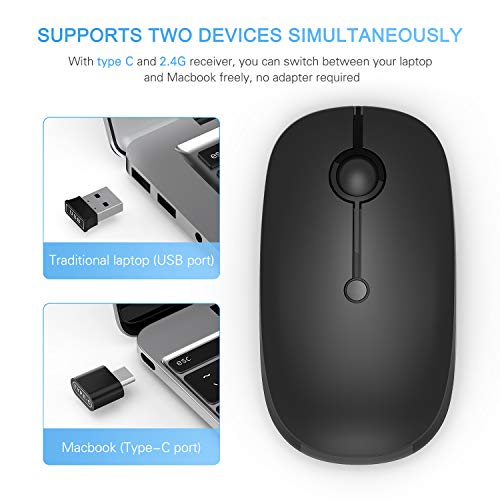VssoPlor Type C Wireless Mouse, USB C MacBook Wireless Mouse, Black | Dual Mode Cordless Mice with USB and Type C Receiver Compatible with PC, Laptop, MacBook and All USB C Devices - color: Black