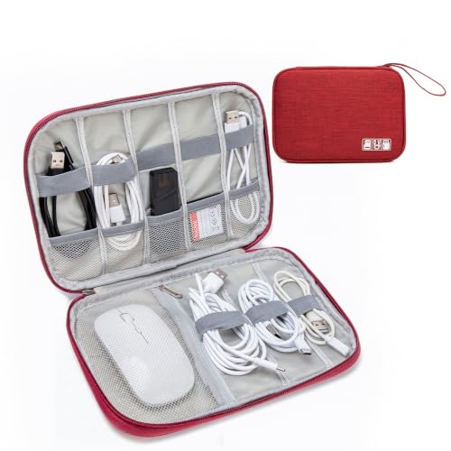 Cable Organizer Bag, Electronics Case for Cords, Chargers & Tech | Organize cables, chargers and power banks with elastic loops, mesh pockets and a slim design for travel. - color: red, size: S
