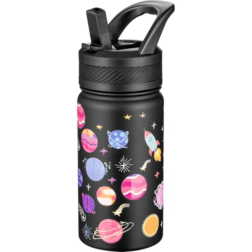 Fanhaw 14 oz Kids Water Bottle for School, Insulated Water Bottle with Straw Lid, Stainless Steel Vacuum Insulated Bottle for Boys & Girls, Leak-Proof, BPA Free(Black - Solar System) - color: Black - Solar System