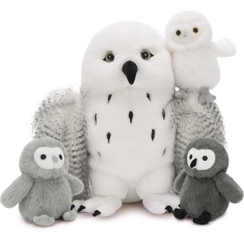 Owl Stuffed Animal with 3 Babies,18" Snowy Owl Plush, White | 4Pcs Owl Plush Set; Mommy Owl & 3 Different-Color Babies; Zipper Belly Hide-and-Seek Play; Birthday & Christmas Gift for Kids - style: Owl White