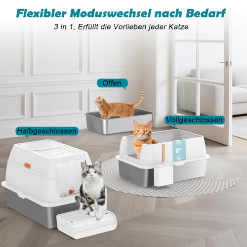 SZEE XL Stainless Steel Litter Box with Lid, Extra Large Metal Covered Litter Box, Stainless Box Easy Clean, Activated Charcoal Odor Control Design, Includes Litter Scoop & Mat & Step, White - color: White