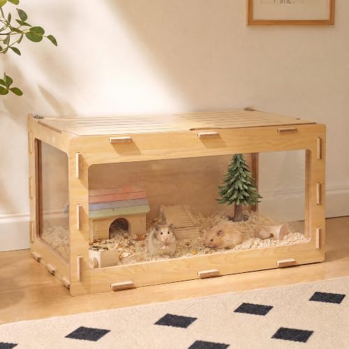 32" Hamster Cage with 3-Sided Clear Acrylic Panels | Interlocking Small Animal Habitat with Top Access & Ventilation for Syrian & Dwarf Hamsters, Gerbils and Mice - color: Natural Wood, size: 32.0"L x 16.1"W x 16.0"H