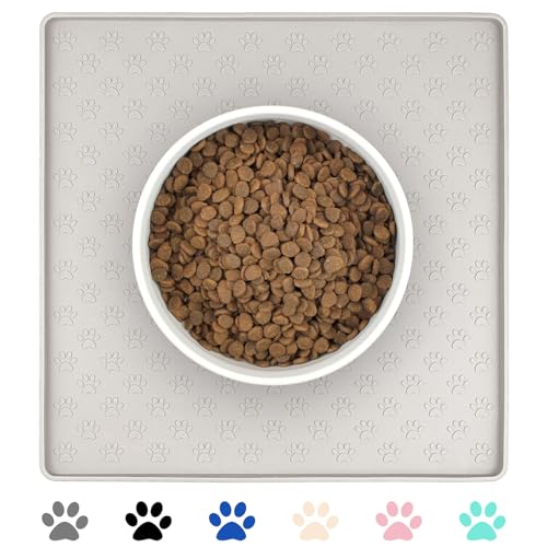 Ptlom Dog Food Mat Anti-Slip Bowl Mats for Food and Water, Waterproof Silicone Pet Placemat with High Raised Edges, Non-Slip Puppy Feeding Tray for Small, Medium Large Cats Dogs, Cream, 11.8"x11.8" - color: Cream, size: 11.8"L x 11.8"W