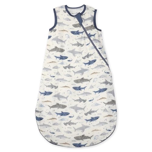 Loulou Lollipop Lightweight Muslin Wearable Baby Blanket Sleeping Bag, Unisex Infant Toddler, 0.5 TOG, 2-Way Zipper Sleepsack - color: Smiley Sharks, size: 0-6 Months