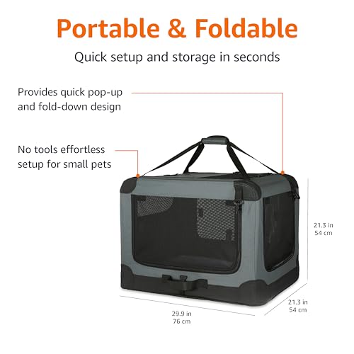 Amazon Basics 4-Door Portable Folding Soft Dog Crate, Collapsible Travel Kennel for Cat, Dog, and Other Small Animals, Pop Up with Easy Transportation, Grey, M 30" x 21" x 21" - color: Grey, size: 30.0"L x 21.0"W x 21.0"H