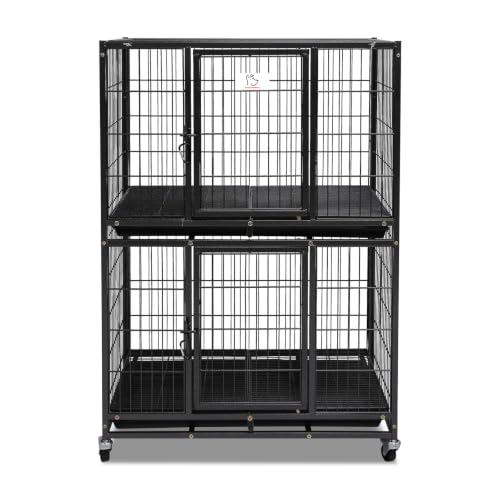 Homey Pet 31 Inch Two Tiers Heavy Duty Dog Crate with Lockable Wheels | Escape Proof Metal Wire Drop Cage for Dogs with Lockable Wheels, Removable Tray & Grids, Top Access for Small Dogs and Pets