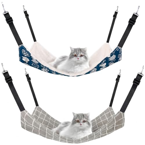 Jetec 2 Pack Cat Hammock for Cage, Catio Accessories Reversible Soft Cats Bed with Adjustable Straps and Hooks Double-Sided Linen and Fleece Hanging Hammock for Cats, Kitten(Cat and Plaid,M) - size: M