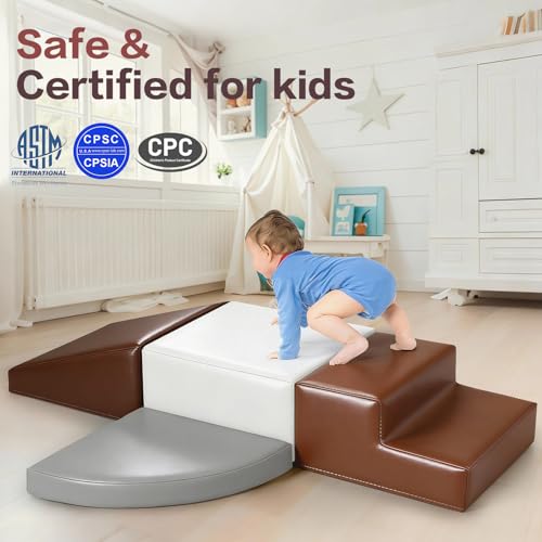 Sumbababy Toddler Climbing Foam Blocks: 4 PCS Waterproof PU Leather Playset - Soft Climber for Kids - Fun Indoor Playground for Girls - Great Preschool & Daycare Gift - style: Coffee/Brown