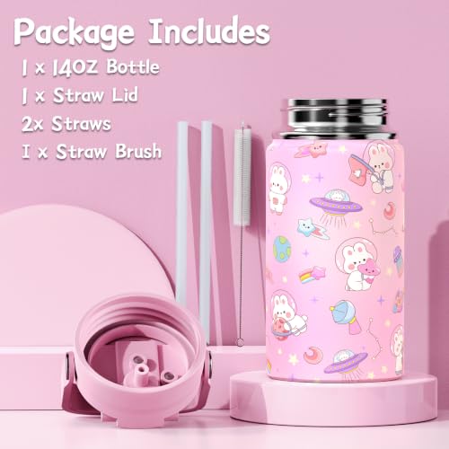 FIXITOK Girls Backpack with 14oz Insulated Water Bottle Set, Kawaii Bunny School Backpack for Girls with Kids Water Bottle Lunch Bag Pencil Case for Kindergarten Elementary Preschool School - color: W-dreamy-pink